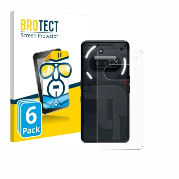 Vorderseite einer Produktverpackung mit dem Markenlogo BROTECT. Daneben ist das Gerät Nothing Phone (3a) (Rückseite) mit dem z