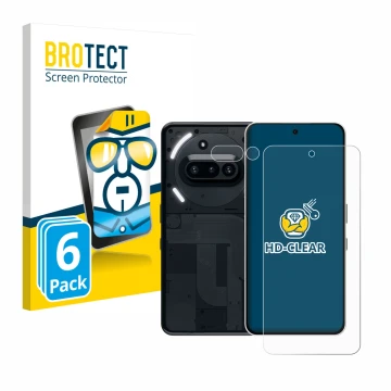 Vorderseite einer Produktverpackung mit dem Markenlogo BROTECT. Daneben ist das Gerät Nothing Phone (3a) (Display+Kamera) mit 