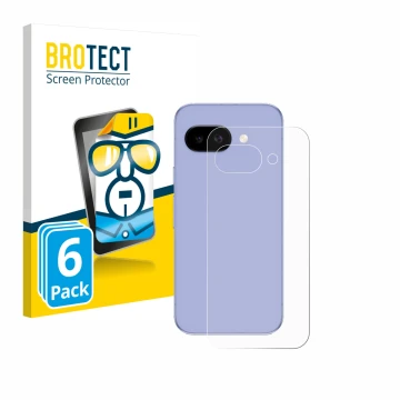 Vorderseite einer Produktverpackung mit dem Markenlogo BROTECT. Daneben ist das Gerät Google Pixel 9a (Rückseite) mit dem zuge