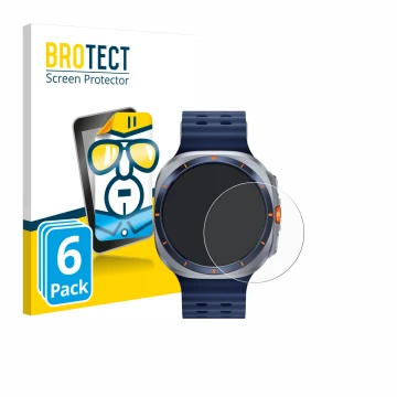 Vorderseite einer Produktverpackung mit dem Markenlogo BROTECT. Daneben ist das Gerät Samsung Galaxy Watch Ultra 2 (47 mm) mit