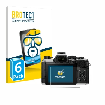 Vorderseite einer Produktverpackung mit dem Markenlogo BROTECT. Daneben ist das Gerät Olympus OM System OM-5 Mark II mit dem z