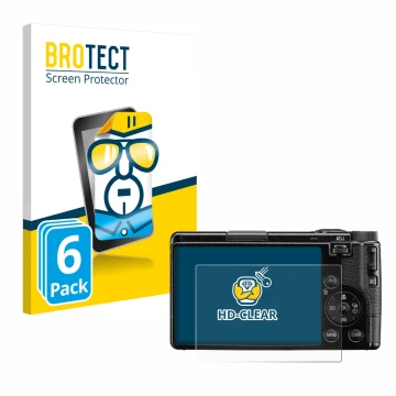 Vorderseite einer Produktverpackung mit dem Markenlogo BROTECT. Daneben ist das Gerät Ricoh GR IV 2025 mit dem zugehörigen Dis