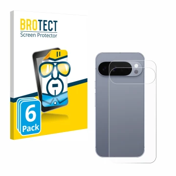 Vorderseite einer Produktverpackung mit dem Markenlogo BROTECT. Daneben ist das Gerät Google Pixel 10 Pro XL (Rückseite) mit d