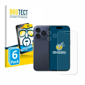 Vorderseite einer Produktverpackung mit dem Markenlogo BROTECT. Daneben ist das Gerät Apple iPhone 17 Pro (Display+Kamera) mit