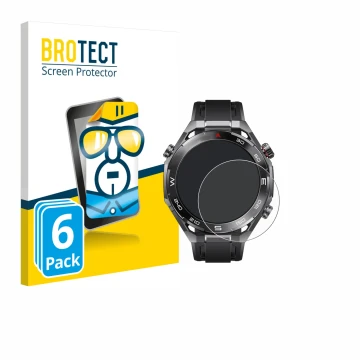 Vorderseite einer Produktverpackung mit dem Markenlogo BROTECT. Daneben ist das Gerät Huawei Watch Ultimate 2 Black mit dem zu