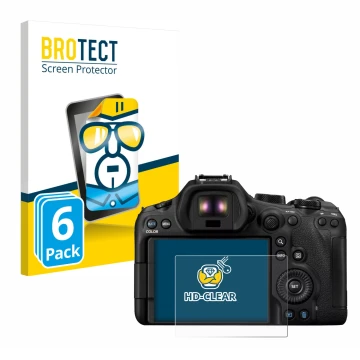 Vorderseite einer Produktverpackung mit dem Markenlogo BROTECT. Daneben ist das Gerät Canon EOS R6 Mark III mit dem zugehörige