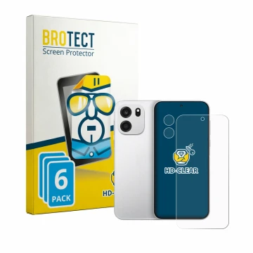 Vorderseite einer Produktverpackung mit dem Markenlogo BROTECT. Daneben ist das Gerät OnePlus Turbo 6V (Display+Kamera) mit de