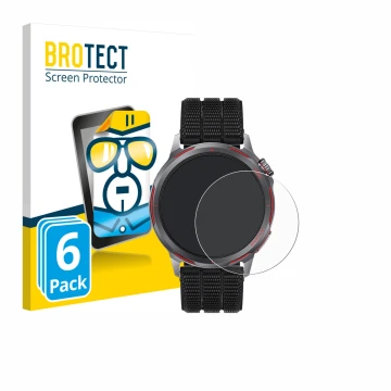 Vorderseite einer Produktverpackung mit dem Markenlogo BROTECT. Daneben ist das Gerät Huawei Watch GT Runner 2 mit dem zugehör