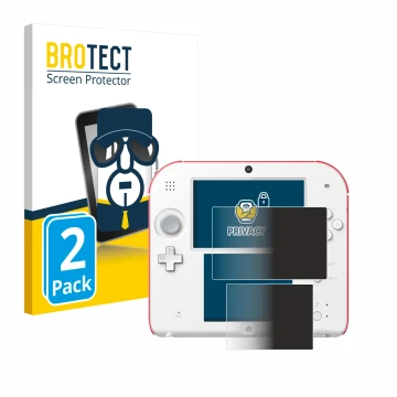 Vorderseite einer Produktverpackung mit dem Markenlogo BROTECT. Daneben ist das Gerät Nintendo 2DS mit dem zugehörigen Display