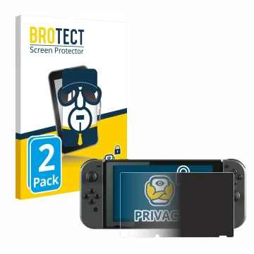 Vorderseite einer Produktverpackung mit dem Markenlogo BROTECT. Daneben ist das Gerät Nintendo Switch mit dem zugehörigen Disp