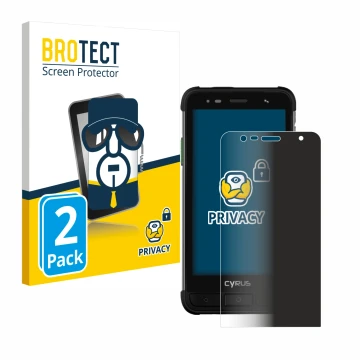 Vorderseite einer Produktverpackung mit dem Markenlogo BROTECT. Daneben ist das Gerät Cyrus CS45 XA mit dem zugehörigen Displa