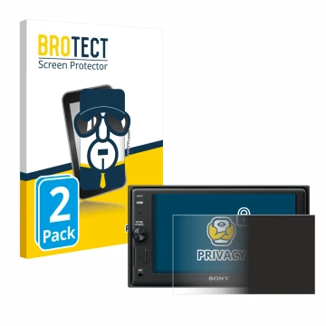 Vorderseite einer Produktverpackung mit dem Markenlogo BROTECT. Daneben ist das Gerät Sony XAV-AX1005DB mit dem zugehörigen Di