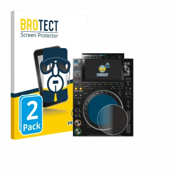 Vorderseite einer Produktverpackung mit dem Markenlogo BROTECT. Daneben ist das Gerät Pioneer CDJ 3000 (Kreis) mit dem zugehör