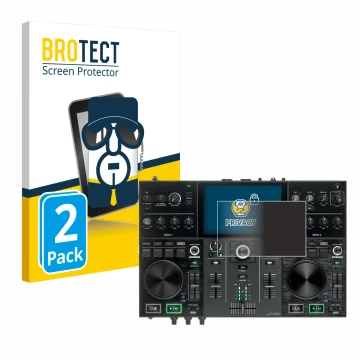 Vorderseite einer Produktverpackung mit dem Markenlogo BROTECT. Daneben ist das Gerät Denon DJ Prime Go mit dem zugehörigen Di