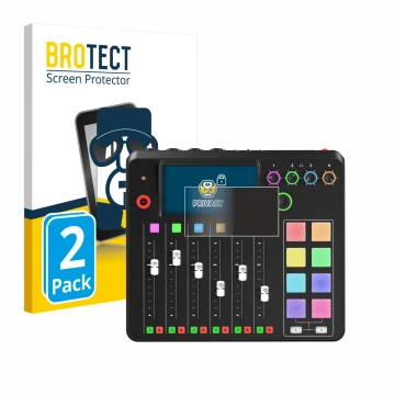Vorderseite einer Produktverpackung mit dem Markenlogo BROTECT. Daneben ist das Gerät Rode Rodecaster Pro II mit dem zugehörig