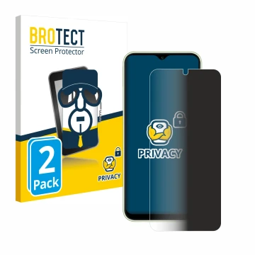 Vorderseite einer Produktverpackung mit dem Markenlogo BROTECT. Daneben ist das Gerät Samsung Galaxy A14 4G mit dem zugehörige