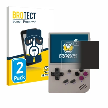 Vorderseite einer Produktverpackung mit dem Markenlogo BROTECT. Daneben ist das Gerät Anbernic RG35XX mit dem zugehörigen Disp