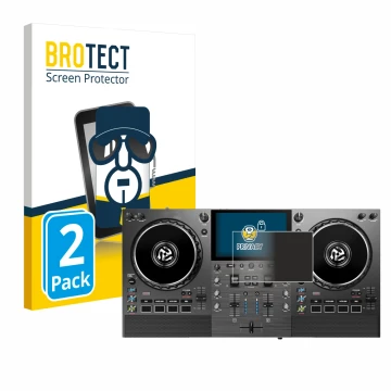 Vorderseite einer Produktverpackung mit dem Markenlogo BROTECT. Daneben ist das Gerät Numark Mixstream Pro Go mit dem zugehöri
