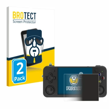 Vorderseite einer Produktverpackung mit dem Markenlogo BROTECT. Daneben ist das Gerät Anbernic RG35XX H mit dem zugehörigen Di