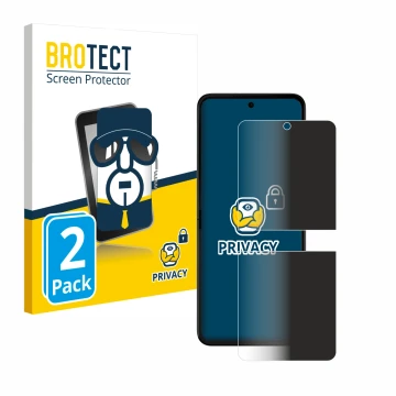 Vorderseite einer Produktverpackung mit dem Markenlogo BROTECT. Daneben ist das Gerät Motorola Razr 50 mit dem zugehörigen Dis