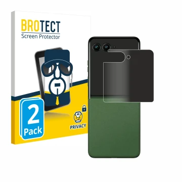 Vorderseite einer Produktverpackung mit dem Markenlogo BROTECT. Daneben ist das Gerät Motorola Razr 50 (Hinteres Display) mit 