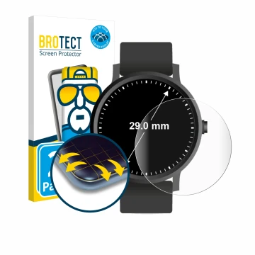 Vorderseite einer Produktverpackung mit dem Markenlogo BROTECT. Daneben ist das Gerät Armbanduhren (Kreisrund, ø: 29 mm) mit d