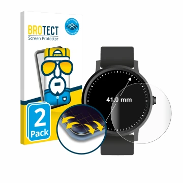 Vorderseite einer Produktverpackung mit dem Markenlogo BROTECT. Daneben ist das Gerät Armbanduhren (Kreisrund, ø: 41 mm) mit d