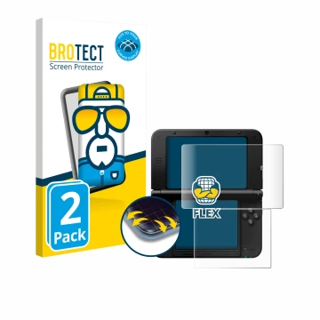Vorderseite einer Produktverpackung mit dem Markenlogo BROTECT. Daneben ist das Gerät Nintendo 3DS XL SPM7800 mit dem zugehöri