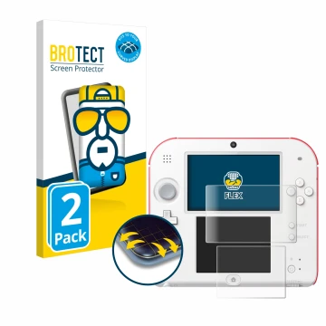 Vorderseite einer Produktverpackung mit dem Markenlogo BROTECT. Daneben ist das Gerät Nintendo 2DS mit dem zugehörigen Display