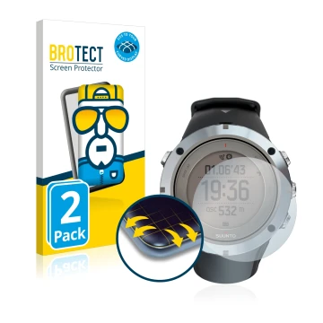 Vorderseite einer Produktverpackung mit dem Markenlogo BROTECT. Daneben ist das Gerät Suunto Ambit3 Peak Sapphire mit dem zuge