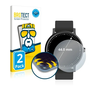 Vorderseite einer Produktverpackung mit dem Markenlogo BROTECT. Daneben ist das Gerät Armbanduhren (Kreisrund, ø: 44 mm) mit d