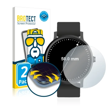 Vorderseite einer Produktverpackung mit dem Markenlogo BROTECT. Daneben ist das Gerät Armbanduhren (Kreisrund, ø: 50 mm) mit d