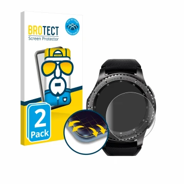 Vorderseite einer Produktverpackung mit dem Markenlogo BROTECT. Daneben ist das Gerät Samsung Gear S3 Frontier mit dem zugehör