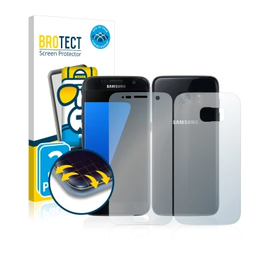 Vorderseite einer Produktverpackung mit dem Markenlogo BROTECT. Daneben ist das Gerät Samsung Galaxy S7 (Display+Rückseite) mi