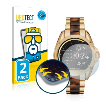 Vorderseite einer Produktverpackung mit dem Markenlogo BROTECT. Daneben ist das Gerät Michael Kors Access Bradshaw mit dem zug