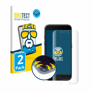 Vorderseite einer Produktverpackung mit dem Markenlogo BROTECT. Daneben ist das Gerät Samsung Galaxy A3 2017 mit dem zugehörig