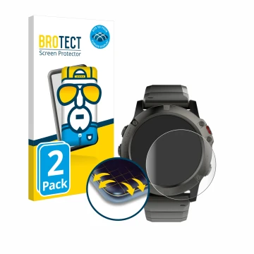 Vorderseite einer Produktverpackung mit dem Markenlogo BROTECT. Daneben ist das Gerät Garmin Fenix 5X (51 mm) mit dem zugehöri