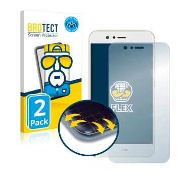 Vorderseite einer Produktverpackung mit dem Markenlogo BROTECT. Daneben ist das Gerät Huawei Nova 2 mit dem zugehörigen Displa