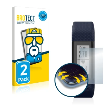 Vorderseite einer Produktverpackung mit dem Markenlogo BROTECT. Daneben ist das Gerät Garmin Vivosmart HR+ mit dem zugehörigen