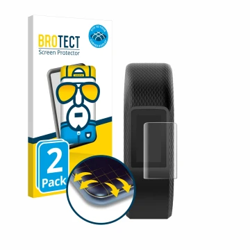 Vorderseite einer Produktverpackung mit dem Markenlogo BROTECT. Daneben ist das Gerät Garmin Vivosport mit dem zugehörigen Dis