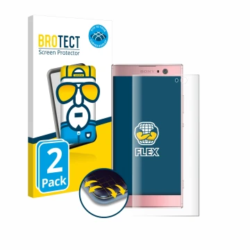 Vorderseite einer Produktverpackung mit dem Markenlogo BROTECT. Daneben ist das Gerät Sony Xperia XA2 mit dem zugehörigen Disp