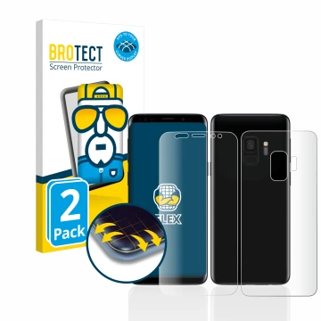 Vorderseite einer Produktverpackung mit dem Markenlogo BROTECT. Daneben ist das Gerät Samsung Galaxy S9 (Display+Rückseite) mi