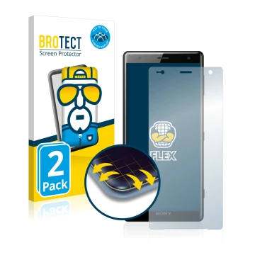 Vorderseite einer Produktverpackung mit dem Markenlogo BROTECT. Daneben ist das Gerät Sony Xperia XZ2 mit dem zugehörigen Disp