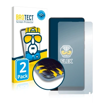 Vorderseite einer Produktverpackung mit dem Markenlogo BROTECT. Daneben ist das Gerät Xiaomi Mi Mix 2S mit dem zugehörigen Dis