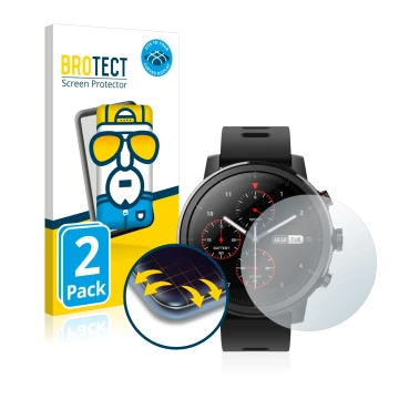 Vorderseite einer Produktverpackung mit dem Markenlogo BROTECT. Daneben ist das Gerät Huami Amazfit Stratos mit dem zugehörige
