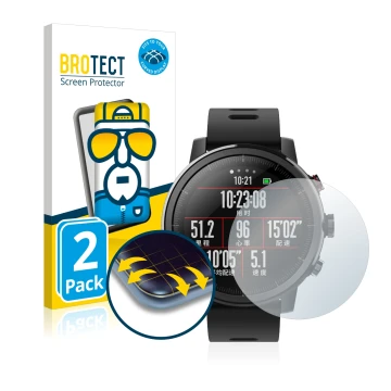 Vorderseite einer Produktverpackung mit dem Markenlogo BROTECT. Daneben ist das Gerät Huami Amazfit Stratos 2 mit dem zugehöri