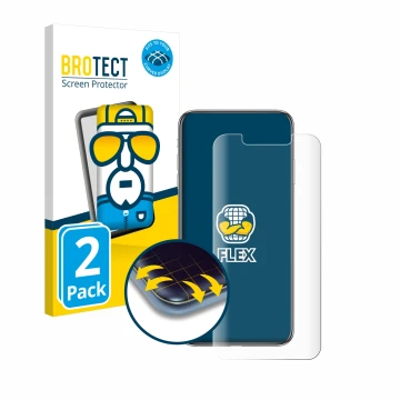 Vorderseite einer Produktverpackung mit dem Markenlogo BROTECT. Daneben ist das Gerät Apple iPhone Xs Max mit dem zugehörigen 