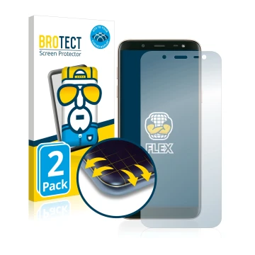 Vorderseite einer Produktverpackung mit dem Markenlogo BROTECT. Daneben ist das Gerät Samsung Galaxy J6 2018 mit dem zugehörig