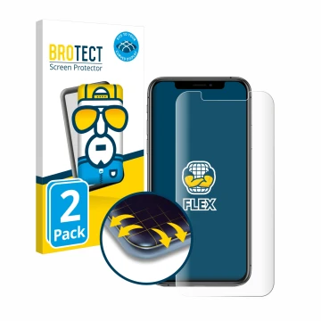 Vorderseite einer Produktverpackung mit dem Markenlogo BROTECT. Daneben ist das Gerät Apple iPhone Xs mit dem zugehörigen Disp