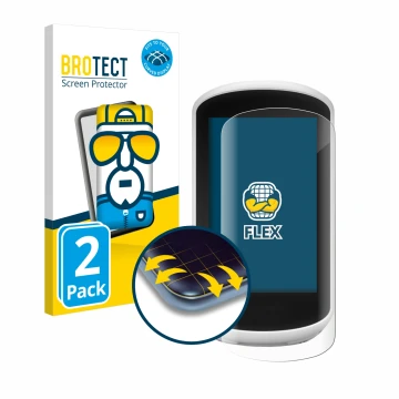 Vorderseite einer Produktverpackung mit dem Markenlogo BROTECT. Daneben ist das Gerät Garmin Edge Explore 2018 mit dem zugehör